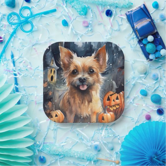 Halloween Australian Terrier with Pumpkins Beängst Pappteller (Party)