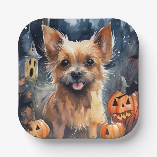 Halloween Australian Terrier with Pumpkins Beängst Pappteller (Vorderseite)