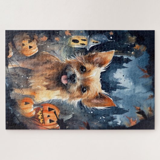 Halloween Australian Terrier with Pumpkins Beängst Puzzle (Horizontal)