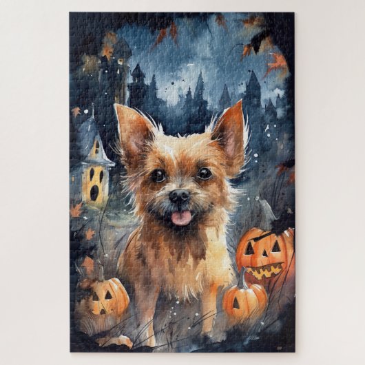 Halloween Australian Terrier with Pumpkins Beängst Puzzle (Vertikal)