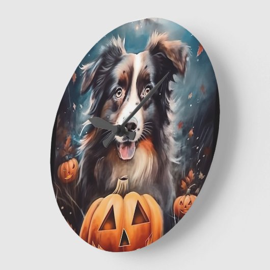 Halloween Australischer Schäferhund mit Pumpkins B Große Wanduhr (Winkel)