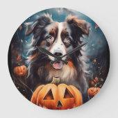 Halloween Australischer Schäferhund mit Pumpkins B Große Wanduhr (Vorderseite)