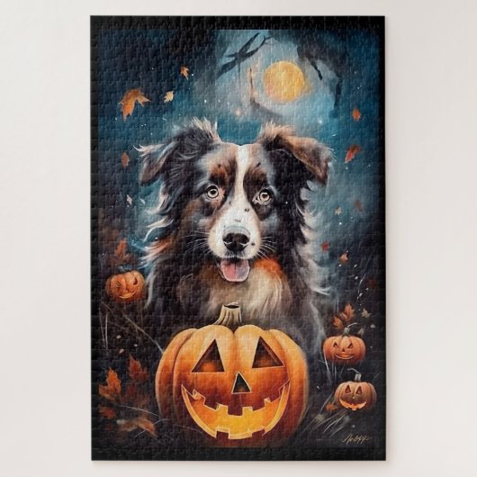 Halloween Australischer Schäferhund mit Pumpkins B Puzzle (Vertikal)