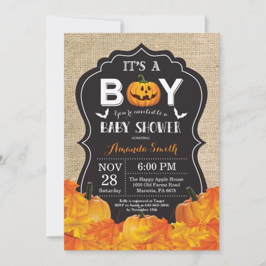 Halloween Baby Boy Shower Einladungskarte Burlap Einladung (Vorderseite)