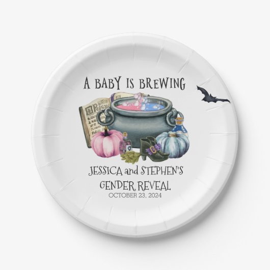Halloween Baby Brewing Witch Gender Reveal Pappteller (Vorderseite)