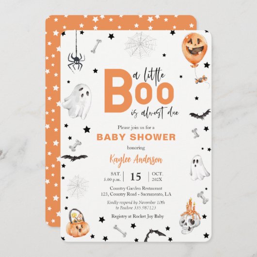 Halloween Baby Dusche Little Boo Orange Einladung (Vorne/Hinten)
