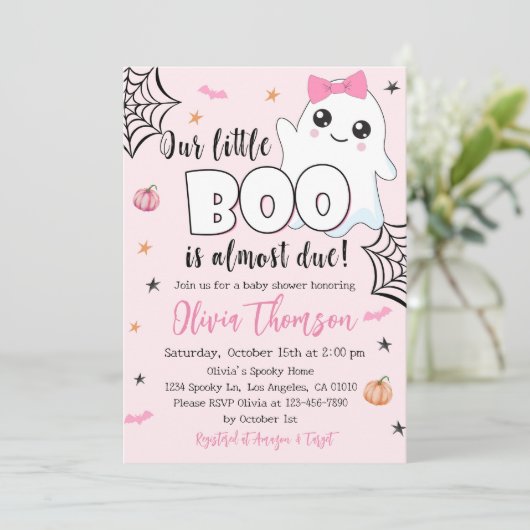 Halloween Baby Shower Einladung Niedlich Ghost Gir (Stehend Vorderseite)