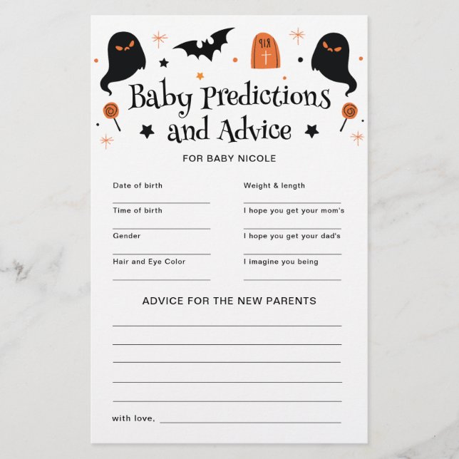 Halloween Baby Shower Predictions Advice Game (Vorderseite)