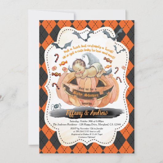 Halloween Babydusche Einladung. Junge / Mädchen Einladung (Vorderseite)