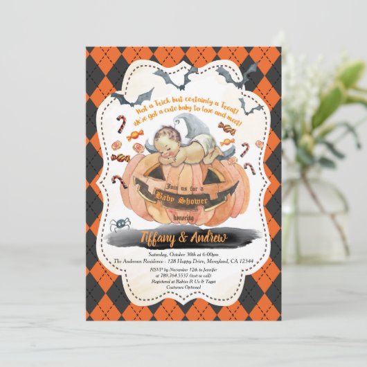 Halloween Babydusche Einladung. Junge / Mädchen Einladung (Stehend Vorderseite)