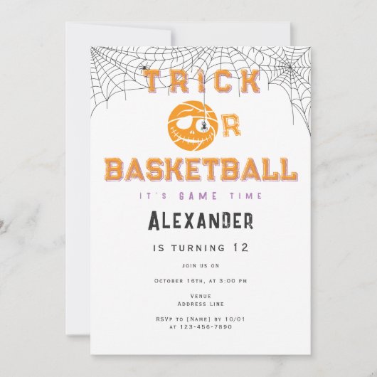 Halloween Ball Trick oder Basketball Geburtstag Einladung (Vorderseite)