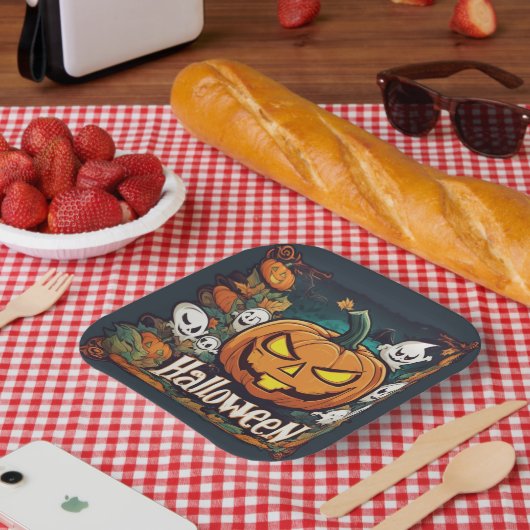 Halloween-Banner mit Kürbissen und Geistern - Pappteller (Picknick)
