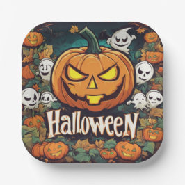 Halloween-Banner mit Kürbissen und Geistern -  Pappteller