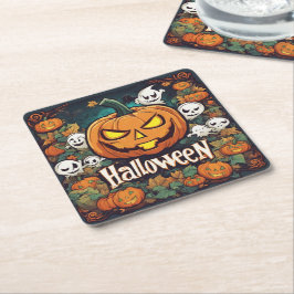 Halloween-Banner mit Kürbissen und Geistern -  Rechteckiger Pappuntersetzer