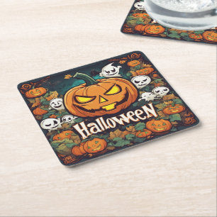 Halloween-Banner mit Kürbissen und Geistern - Rechteckiger Pappuntersetzer