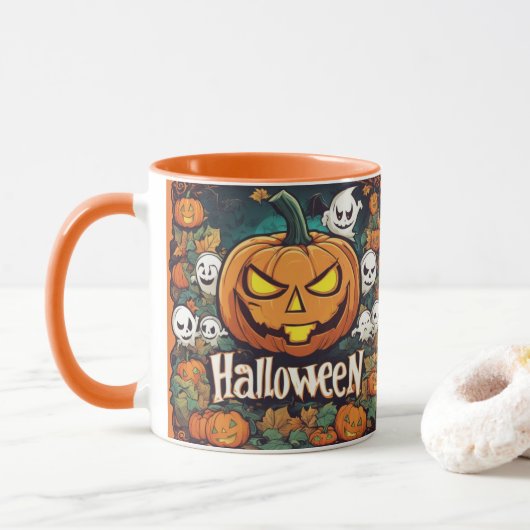 Halloween-Banner mit Kürbissen und Geistern -  Tasse (Mit Donut)