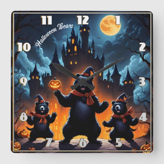 Halloween-Bären feiern in einer Spuk Burg Quadratische Wanduhr (Vorderseite)