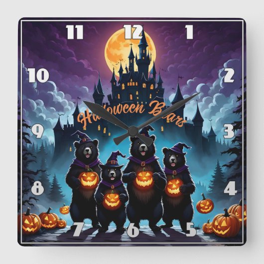 Halloween-Bären feiern mit Jack-o'-Laternen Quadratische Wanduhr (Vorderseite)