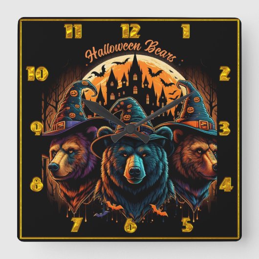 Halloween Bären in den Hüten feiern! Quadratische Wanduhr (Vorderseite)