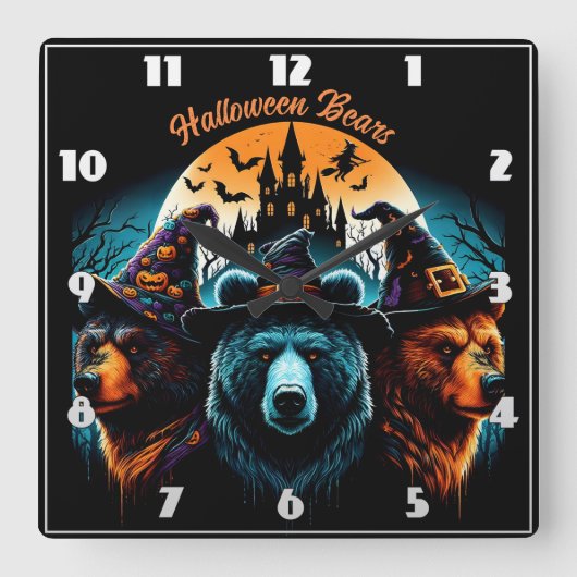 Halloween-Bären mit spukhaften Hüten in der Nacht Quadratische Wanduhr (Vorderseite)