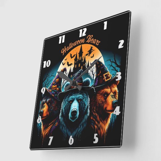 Halloween-Bären mit spukhaften Hüten in der Nacht Quadratische Wanduhr (Winkel)
