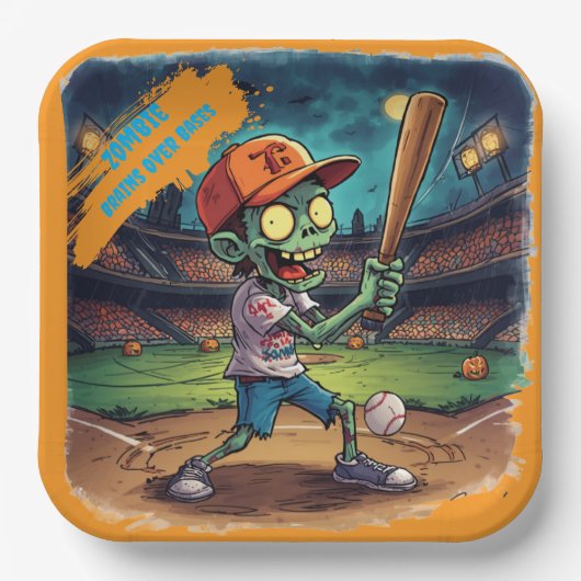Halloween Baseball, Zombie, Gehirne über Basen Pappteller (Vorderseite)