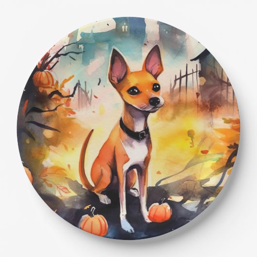 Halloween Basenji mit Kürbissen Gruselig Pappteller (Vorderseite)