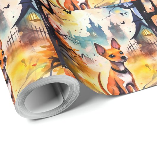 Halloween Basenji mit Pumpkins Beängstigend Geschenkpapier (Rolleneckpunkt)
