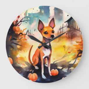 Halloween Basenji mit Pumpkins Beängstigend Große Wanduhr