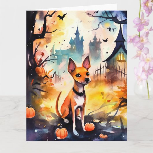 Halloween Basenji mit Pumpkins Beängstigend Karte (Orchidee)