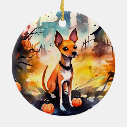 Halloween Basenji mit Pumpkins Beängstigend Keramik Ornament (Hinten)