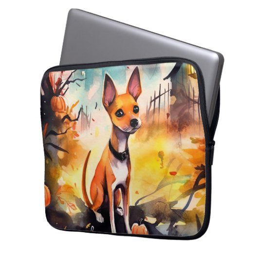 Halloween Basenji mit Pumpkins Beängstigend Laptopschutzhülle (Vorderseite Links)