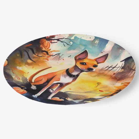 Halloween Basenji mit Pumpkins Beängstigend Pappteller (Schrägansicht)