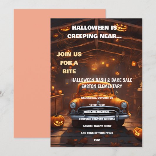 Halloween Bash Einladung mit Orange Car (Vorne/Hinten)
