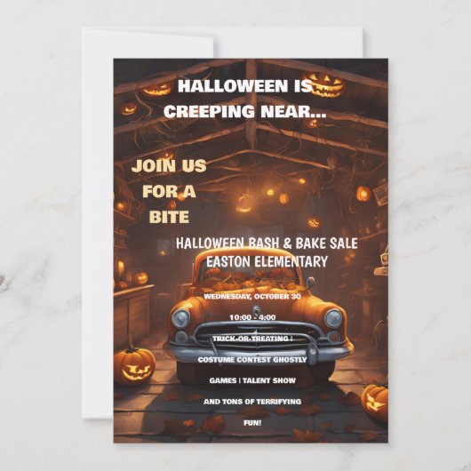 Halloween Bash Einladung mit Orange Car (Vorderseite)
