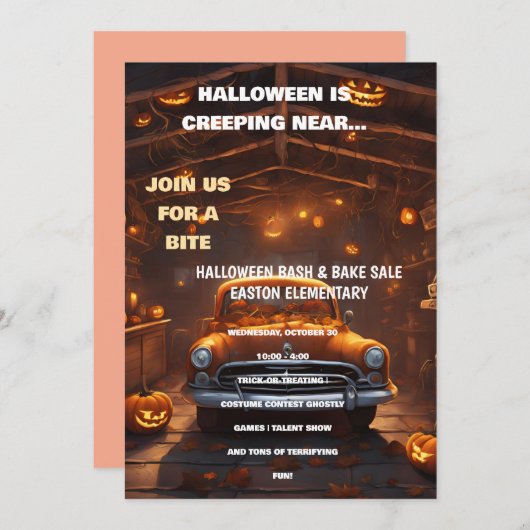 Halloween Bash Einladung mit Orange Car (Vorne/Hinten)
