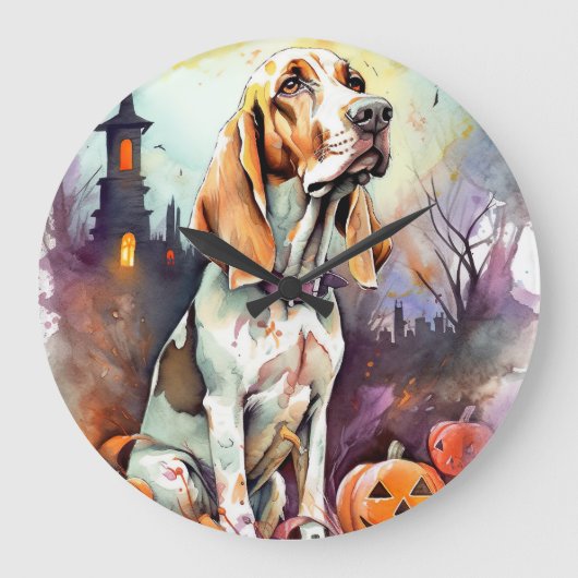 Halloween Basset Hound mit Pumpkins Beängstigend Große Wanduhr (Vorderseite)