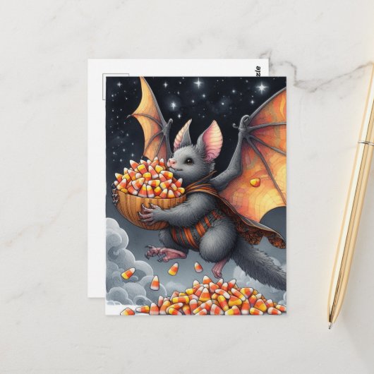 Halloween Bat Flying Squirrel Hybrid with Candy Postkarte (Vorderseite/Rückseite Beispiel)