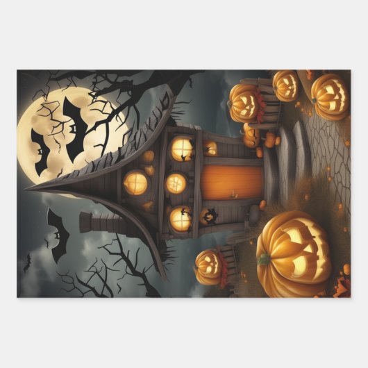 Halloween Bats Black Cat Lila, Orange Pumpkin Geschenkpapier Set (Vorderseite 2)