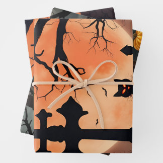 Halloween Bats Black Cat Lila, Orange Pumpkin Geschenkpapier Set