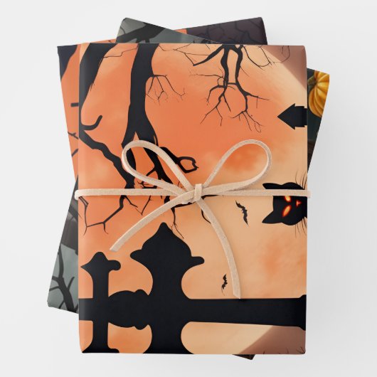 Halloween Bats Black Cat Lila, Orange Pumpkin Geschenkpapier Set (Beispiel)