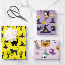 HALLOWEEN BATS HATS CAULDRONS SKULLS BROOMS GESCHENKPAPIER SET