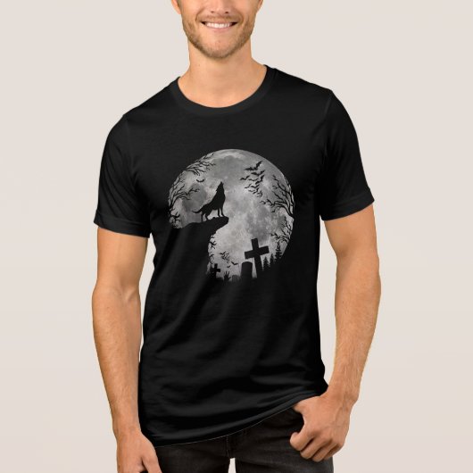 Halloween Bats und Wolf Howling Moon Tri-Blend Shirt (Vorderseite)