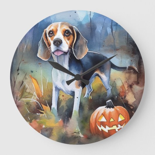 Halloween-Beagle mit Pumpkins Beängstigend Große Wanduhr (Vorderseite)