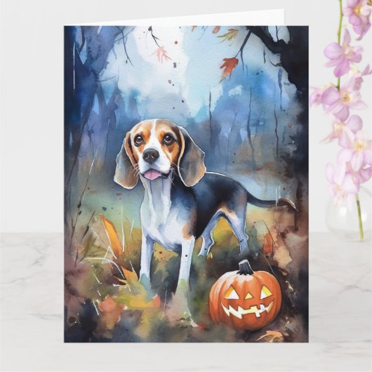 Halloween-Beagle mit Pumpkins Beängstigend Karte (Orchidee)