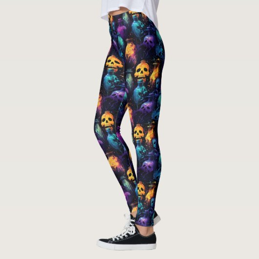 Halloween Beängstigend Skull Orange Lila Blue Glow Leggings (Links)