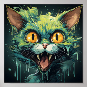 Halloween Beängstigender Cartoon Green Zombie Cat Poster