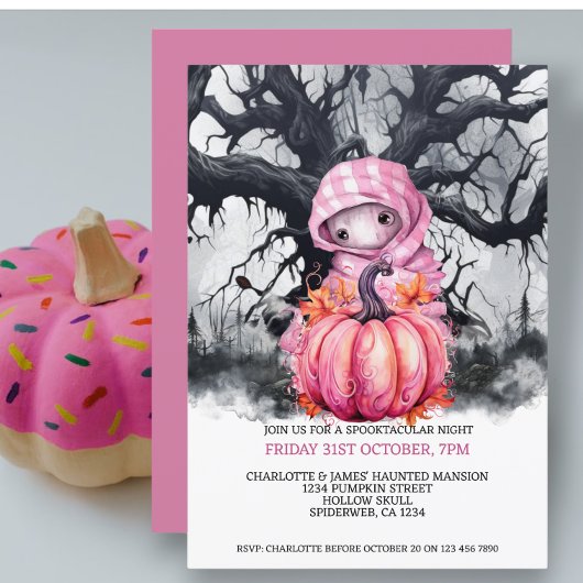 Halloween Beängstigender rosa Kürbis und Spuk Abbi Einladung