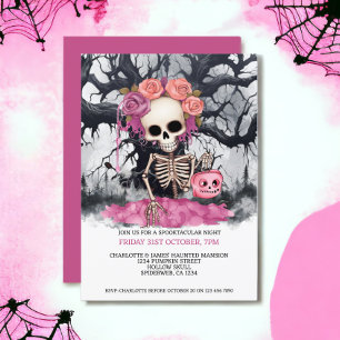Halloween Beängstigendes rosa Skelett und Spuk Bau Einladung