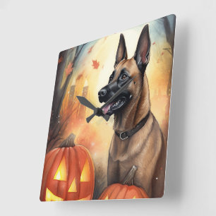 Halloween Belgisch Malinoi mit Pumpkins Beängstige Quadratische Wanduhr
